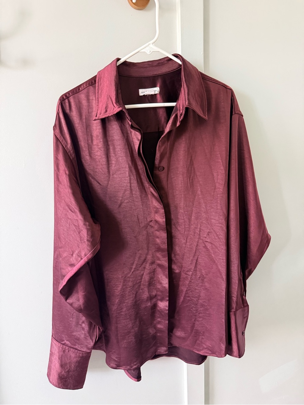 Good American Satiny Wine Burgundy Button-Up Blouse